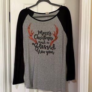 Gray & Black Raglan Christmas Tee with Copper Glitter Antlers